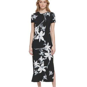Calvin Klein Women's Short Sleeve Floral Maxi Dress - Black with white floral